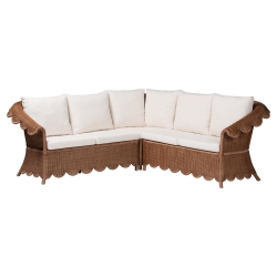 bali & pari Detta Natural Rattan 3-Piece Sectional Set - Handwoven Wicker Corner Lounge Seating with Scalloped Skirt Base and Rolled Arms, Boho Coastal Style for Sunroom or Living Room